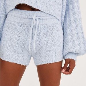 UO x Out From Under Adeline Light Blue Knit Lounge High Waist Drawstring Shorts